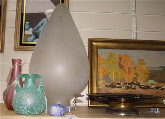 A Loetz style pink glass vase, a blue glass tazza, a glass whale with silver tail and two other items